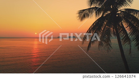 Orange and red sunset over calm sea water with silhouette of palm tree leaves in the foreground and small islands in the distance, Koh Samui, Thailand 126641074