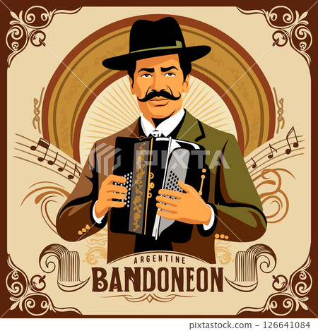 Argentinian man playing bandoneon. Vector vintage poster. Retro style 126641084