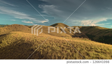 Low aerial drone footage flying over golden hills and meadows in Sumba Island, Indonesia, under a cloudy sky with some trees and bushes in the background 126641098