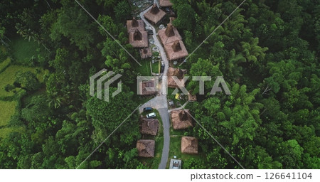 Aerial view of a traditional village nestled within a dense tropical forest in Sumba island, Indonesia, showcasing the harmonious blend of nature and culture 126641104