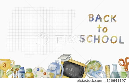 Back to school watercolor pattern featuring essential school supplies and learning materials 126641197