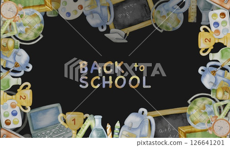 Creative school supplies pattern with watercolor elements for back to school preparation 126641201