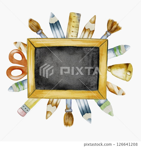 Colorful watercolor school supplies arranged around a blank blackboard frame for creative designs Colorful watercolor school supplies arranged around a blank blackboard frame for creative designs 126641208