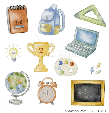 Diverse watercolor school supplies and learning tools for creative designs and educational themes Diverse watercolor school supplies and learning tools for creative designs and educational themes 126641211