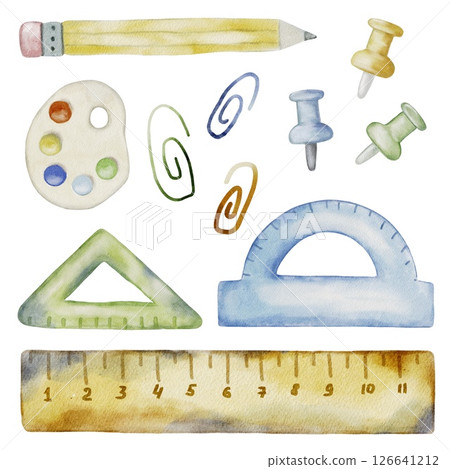 Creative watercolor illustration of school supplies arranged on a white background Creative watercolor illustration of school supplies arranged on a white background 126641212