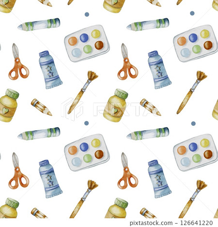 Colorful watercolor school supplies pattern for fun and creative learning activities 126641220