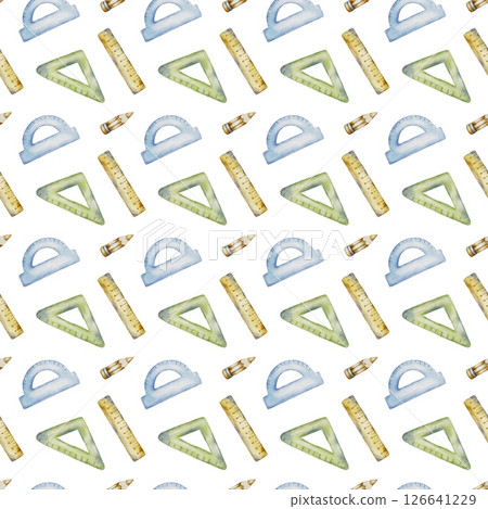 Pattern design featuring various school supplies in a seamless watercolor style Pattern design featuring various school supplies in a seamless watercolor style 126641229