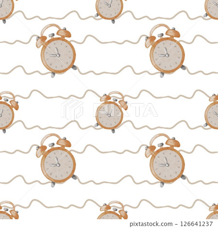 Colorful watercolor pattern of school supplies designs with alarm clocks and wavy lines 126641237