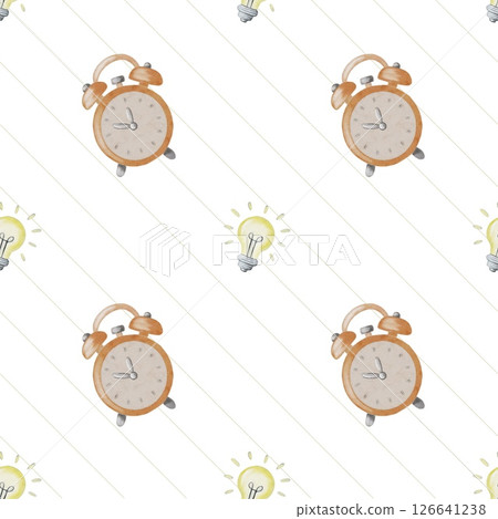 Colorful pattern of alarm clocks and light bulbs on a white background for school supplies 126641238