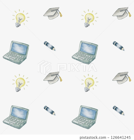 Colorful pattern of school supplies like light bulbs, laptops, and graduation caps Colorful pattern of school supplies like light bulbs, laptops, and graduation caps 126641245