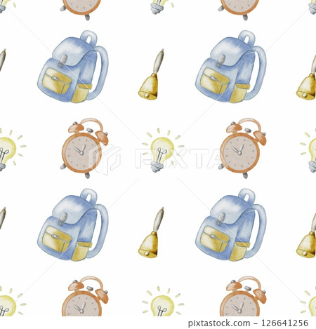 Colorful school supplies pattern featuring backpacks, clocks, bells, and light bulbs Colorful school supplies pattern featuring backpacks, clocks, bells, and light bulbs 126641256