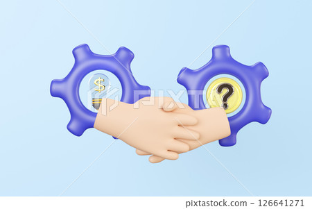 3d business problem solving handshake concept with cartoon hand, question mark in gear, light bulb, coins isolated on blue background. 3d illustration render 3d business problem solving handshake concept with cartoon hand, question mark in gear, light bulb, coins isolated on blue background. 3d illustration render 126641271