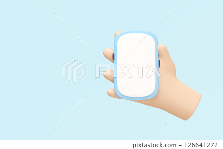 3d cartoon hand holding smartphone isolated on blue background. hand using mobile phone, screen phone template, empty screen phone mockup, minimal concept, 3d render illustration 126641272