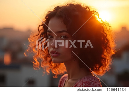 beautiful curls sunset moment, cinematic portrait of a curly haired girl bathed in sunset light on a rooftop, bokeh city lights behind 126641384