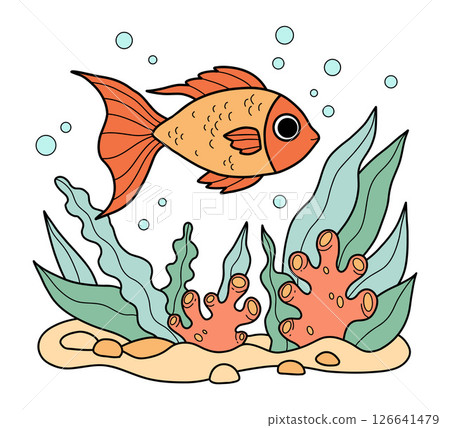 Tropical Fish swim among seaweed on seabed. Goldfish and Underwater seascape landscape. Color Hand Drawing. Vector illustration. Kids collection Tropical Fish swim among seaweed on seabed. Goldfish and Underwater seascape landscape. Color Hand Drawing. Vector illustration. Kids collection 126641479