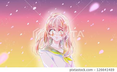 水手服女學生，眼淚，胸部，背光，黃昏，櫻花暴風雪 126641489