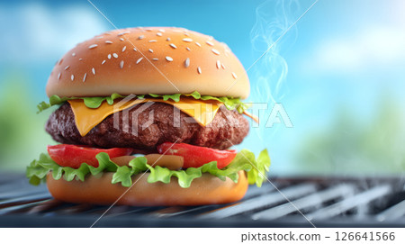 Juicy burger sizzling on grill under bright summer sunlight Juicy burger sizzling on grill under bright summer sunlight 126641566