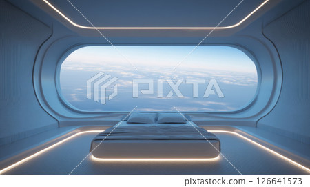 futuristic space hotel room with Earth visible through panoramic window futuristic space hotel room with Earth visible through panoramic window 126641573