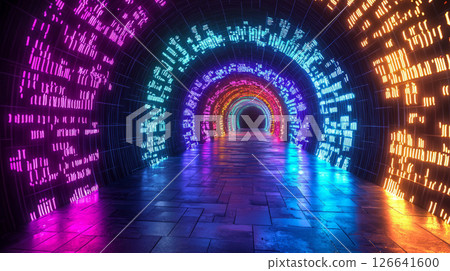 Neon rainbow data tunnel with concentric glowing rings and scrolling code Neon rainbow data tunnel with concentric glowing rings and scrolling code 126641600