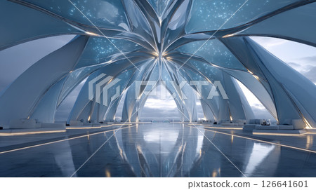 Sleek cybernetic structures in blue and silver with soft lighting Sleek cybernetic structures in blue and silver with soft lighting 126641601