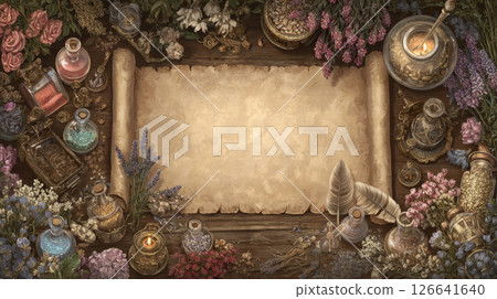 Antique parchment scrolls surrounded by dried herbs, glass potion bottles, crystals, candles, and vintage alchemical tools 126641640