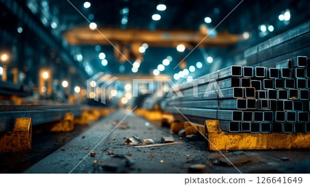 warehouse containing long metal pipes and rectangular steel tubes 126641649