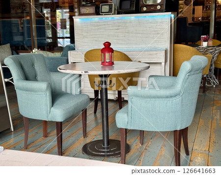retro interior in a cafe, table for two. High quality photo retro interior in a cafe, table for two. High quality photo 126641663