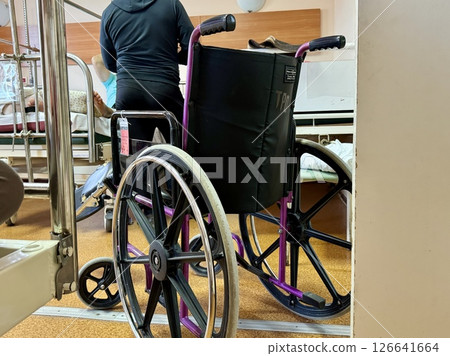 a wheelchair standing in a ward of the trauma department of the city hospital of the Moscow region. High quality photo 126641664