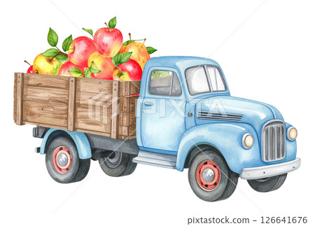 Colorful watercolor illustration of a vintage truck filled with ripe apples against a white background, showcasing farm produce in a charming rural setting Colorful watercolor illustration of a vintage truck filled with ripe apples against a white background, showcasing farm produce in a charming rural setting 126641676