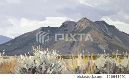 Textured oil painting illustration of rugged mountains and sparse vegetation under a cloudy sky in a serene landscape 126641691