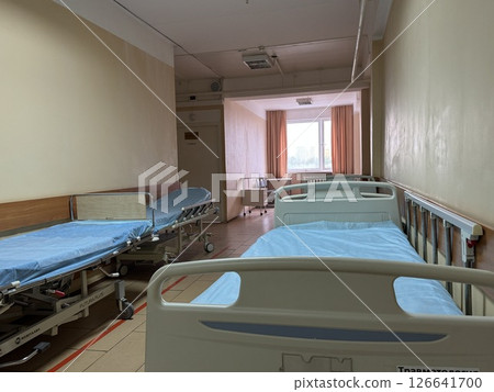 Medical trauma beds, hospital beds are in the trauma department of the city hospital of the Moscow region. High quality photo Medical trauma beds, hospital beds are in the trauma department of the city hospital of the Moscow region. High quality photo 126641700