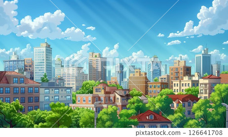 Colorful cityscape illustration.Bright houses.City streets.generative ai. 126641708