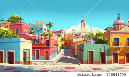 Colorful cityscape illustration.Bright houses.City streets.generative ai. 126641709