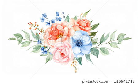 Watercolor floral arrangement featuring peonies, anemones, and greenery on a white background, ideal for decorative use in home or event settings 126641715