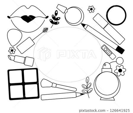 Makeup tools oval frame in rectangle template. Vector graphic line illustration. Black and white cosmetic makeup art. business card, certificate or gift voucher, flyer. Makeup tools oval frame in rectangle template. Vector graphic line illustration. Black and white cosmetic makeup art. business card, certificate or gift voucher, flyer. 126641925