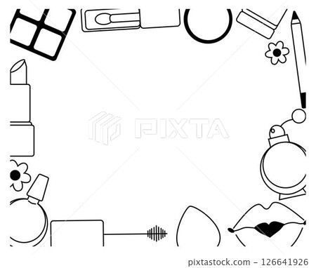 Cosmetics and accessories Makeup tools rectangle frame template. Vector graphic line illustration. Hand drawn images blush mascara eyeshadow powder cream foundation brush. Cosmetics and accessories Makeup tools rectangle frame template. Vector graphic line illustration. Hand drawn images blush mascara eyeshadow powder cream foundation brush. 126641926
