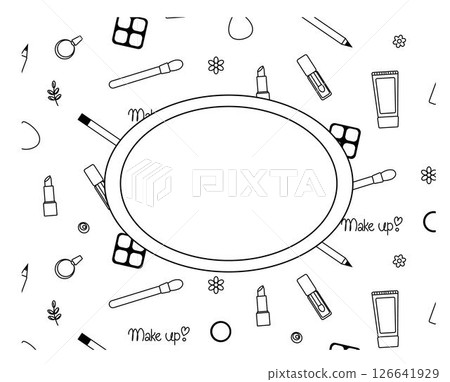 Cosmetics, perfume, lipstick oval frame template Vector graphic line illustration. Black and white cosmetic makeup art. For poster, flyer, banner, invitation, social media, party or sale 126641929