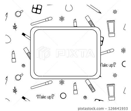 Cosmetics, perfume, lipstick rectangle frame template Vector graphic line illustration. Black and white cosmetic makeup art. For poster, flyer, banner, invitation, social media, party or sale Cosmetics, perfume, lipstick rectangle frame template Vector graphic line illustration. Black and white cosmetic makeup art. For poster, flyer, banner, invitation, social media, party or sale 126641933