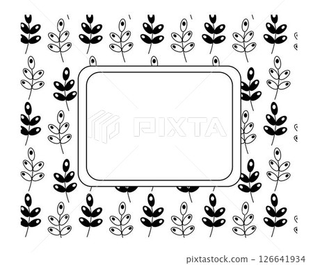 Ornament leafy branches rectangle frame template. Vector graphic line illustration. Black and white Trendy print on fabric. Fresh plant sprouting stems background template. Forest ornament. Ornament leafy branches rectangle frame template. Vector graphic line illustration. Black and white Trendy print on fabric. Fresh plant sprouting stems background template. Forest ornament. 126641934