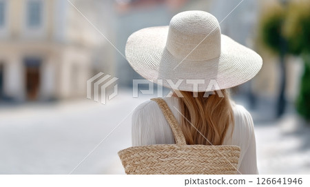 Woman strolls through a sunlit city street, wearing a boho chic outfit and enjoying the warm weather. 126641946