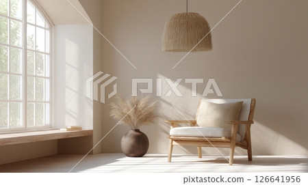 Cozy space showcases earthy decor elements and a relaxing atmosphere with natural light streaming in. 126641956