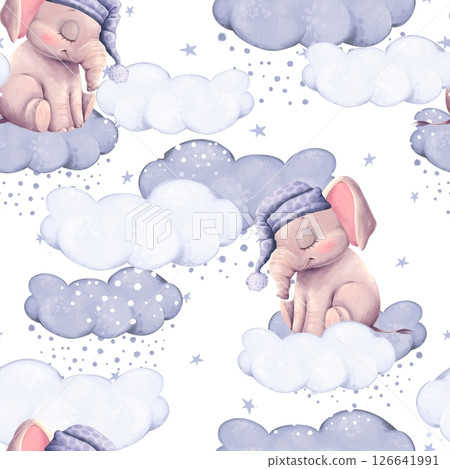 Cute Sleeping Elephants on Dreamy Clouds Seamless Pattern Cute Sleeping Elephants on Dreamy Clouds Seamless Pattern 126641991