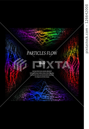 Colored sound waves from particles on a black background. Contrast emphasizes the difference in structure. Abstract style, sound design, data visualization. Colored sound waves from particles on a black background. Contrast emphasizes the difference in structure. Abstract style, sound design, data visualization. 126642008