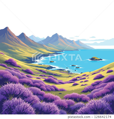 Vsai paesaggio scozzese blooming heather covering rolling hills overlooking picturesque coastline with mountains 126642174
