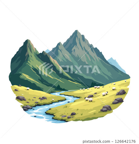 Vsai paesaggio scozzese serene river flowing through green valley with grazing sheep and majestic mountains 126642176