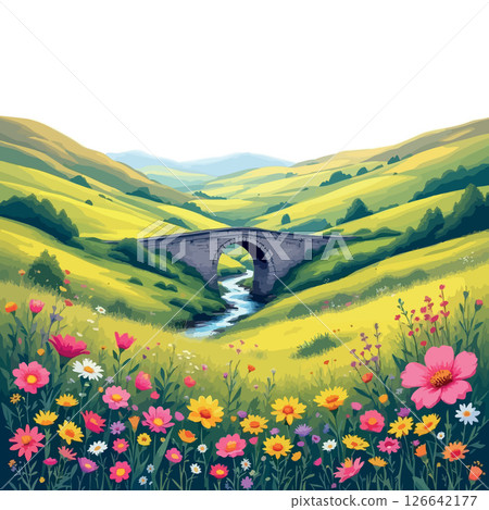 Vsai paesaggio scozzese stone bridge crossing serene river in rolling green hills with vibrant wildflowers 126642177
