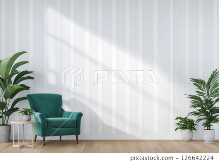 Elegant living room with green armchair and indoor plants in modern design Elegant living room with green armchair and indoor plants in modern design 126642224