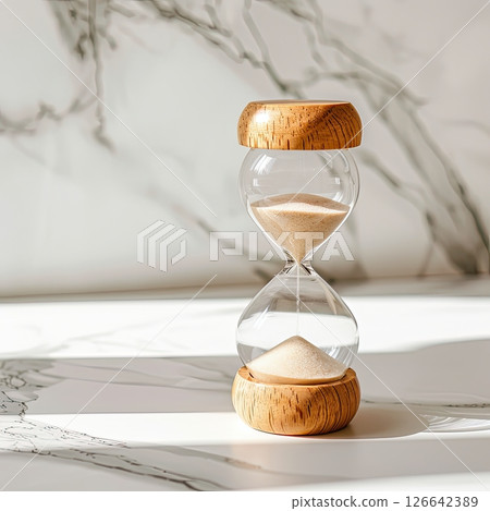 an hourglass on a marble background an hourglass on a marble background 126642389
