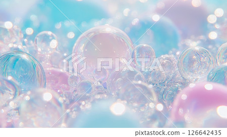 Pastel colored iridescent soap bubbles in dreamy atmosphere Pastel colored iridescent soap bubbles in dreamy atmosphere 126642435
