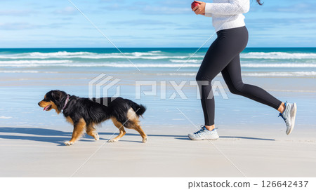 Female jogging with dog on beach: fitness and leisure by the ocean Female jogging with dog on beach: fitness and leisure by the ocean 126642437